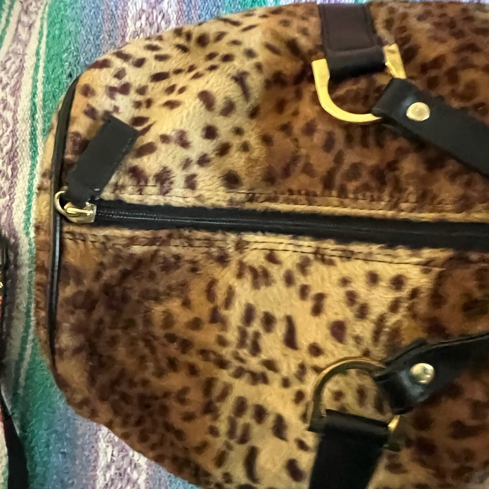Faux Fur Leopard Print Tote Bag with Black Accents - Picture 4 of 7